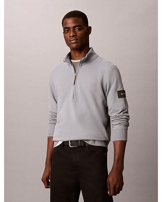 Calvin Klein Gray Jeans Cotton Terry Quarter Zip Sweatshirt for men