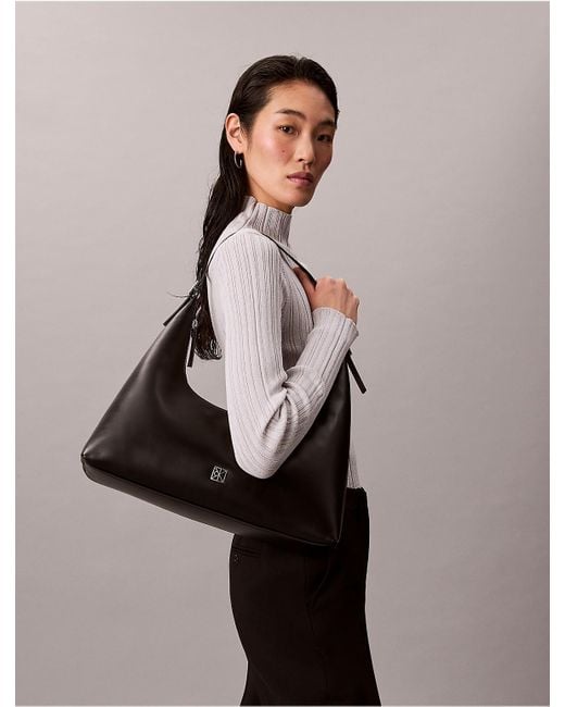 Calvin Klein Gray Monogram Logo Emblem Leather Shoulder Bag