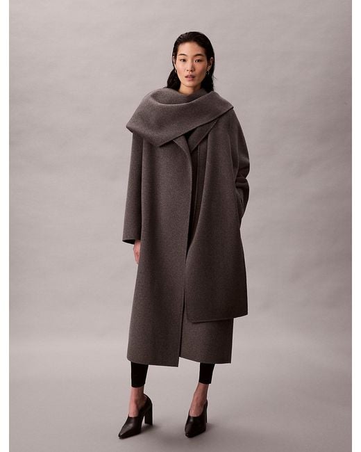 Calvin Klein Brown Heathered Wool Scarf Coat