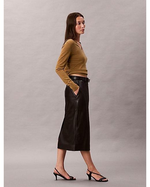Calvin Klein Black Faux Leather Midi Skirt
