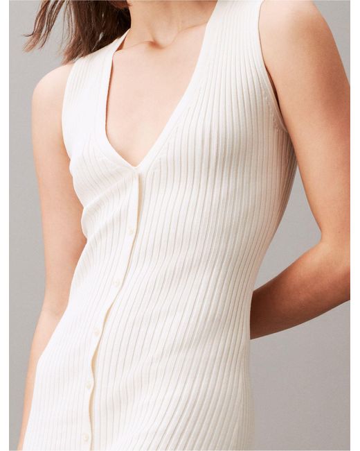 Calvin Klein White Smooth Cotton Rib V-neck Sweater Midi Dress