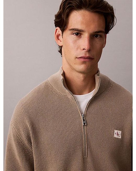 Calvin Klein Brown Jeans Cotton Waffle Half Zip Jumper for men