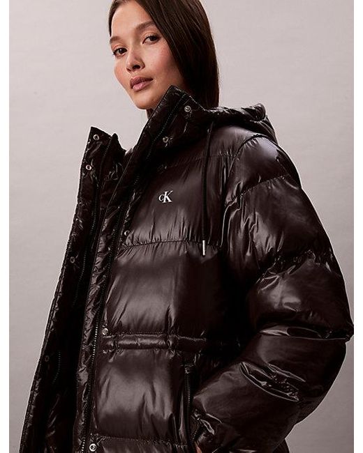Calvin Klein Brown Jeans High Shine Hooded Puffer Coat