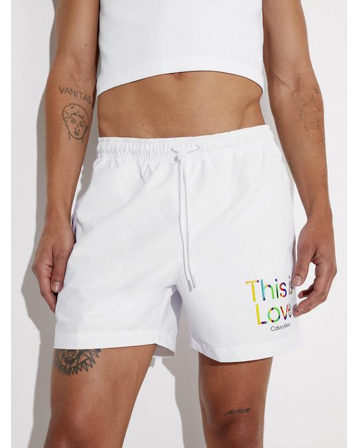 Calvin Klein Medium Drawstring Swim Shorts - Pride in White for Men | Lyst  UK