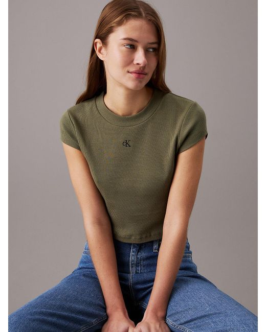 Calvin Klein Green Slim Cropped Ribbed T-shirt