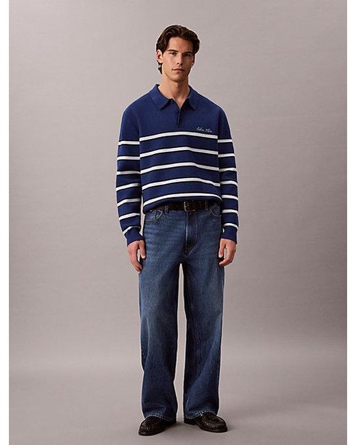 Calvin Klein Blue Jeans Cotton Stripe Polo Jumper for men