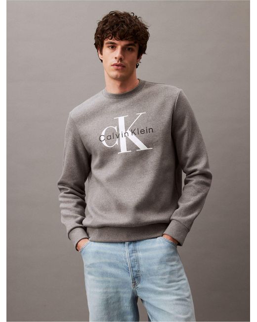 Calvin Klein Gray Monogram Logo Relaxed Fleece Crewneck Sweatshirt for men