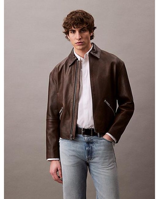 Calvin Klein Cropped Leren Bikerjack in het Brown voor heren