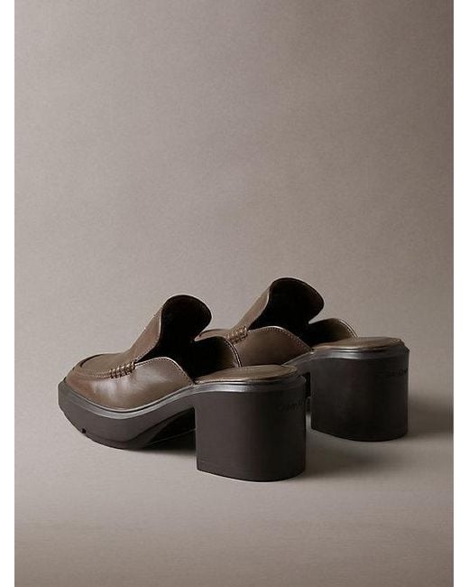 Calvin Klein Brown Leather Platform Block Heel Mules
