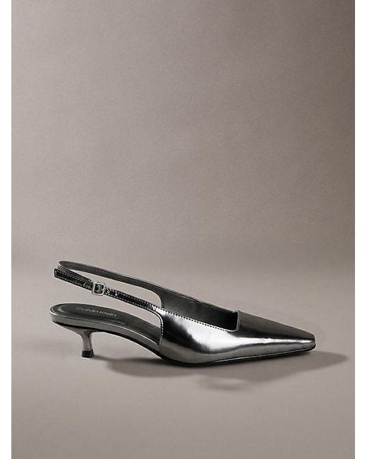 Calvin Klein Gray Metallic Leather Kitten Heel Slingbacks