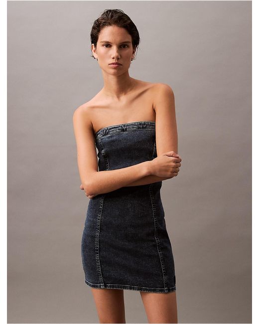 Calvin Klein Calvin Klein Strapless Denim Mini Dress in Gray | Lyst Calvin Klein Calvin Klein Strapless Denim Mini Dress in Gray | Lyst