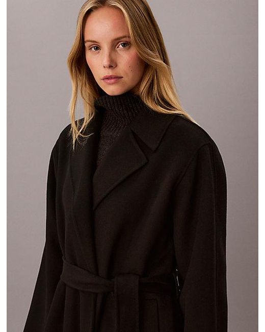 Calvin Klein Black Double Faced Wool Blend Wrap Coat