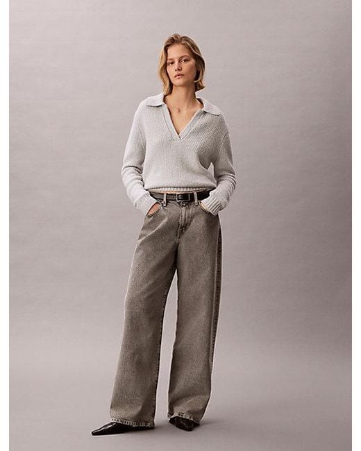 Calvin Klein Gray Jeans Merino Wool Boucle Polo Jumper