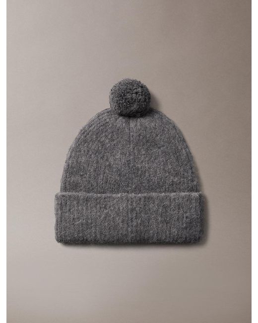 Calvin Klein Gray Wool Blend Emblem Logo Pom Pom Beanie for men