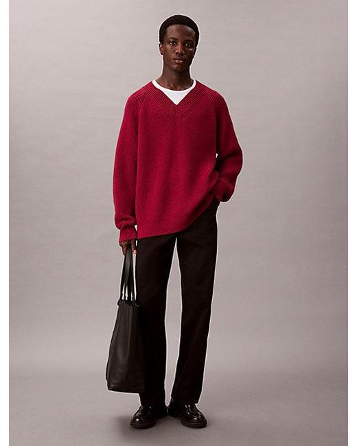 Calvin Klein Red Wool Blend V Neck Jumper for men