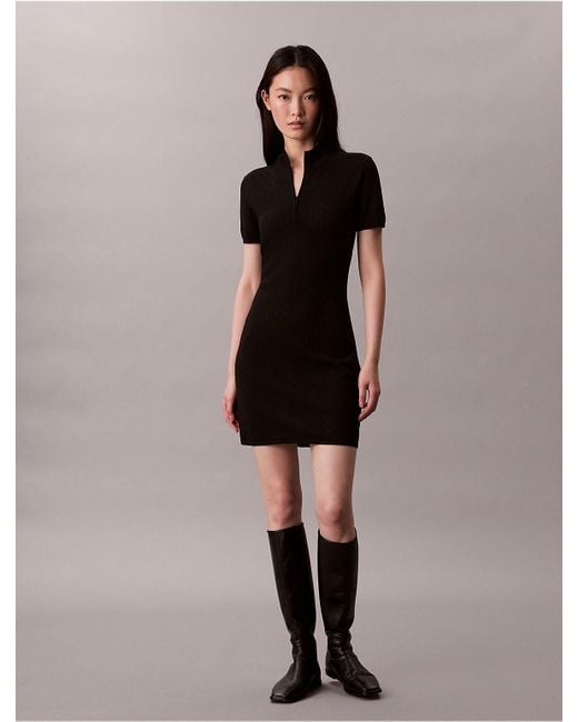 Calvin Klein Black Logo Jacquard Zip Neck Dress