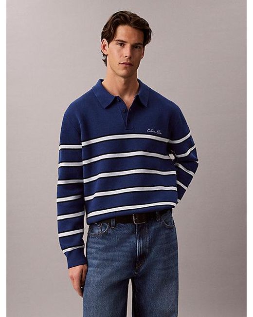 Calvin Klein Blue Jeans Cotton Stripe Polo Jumper for men