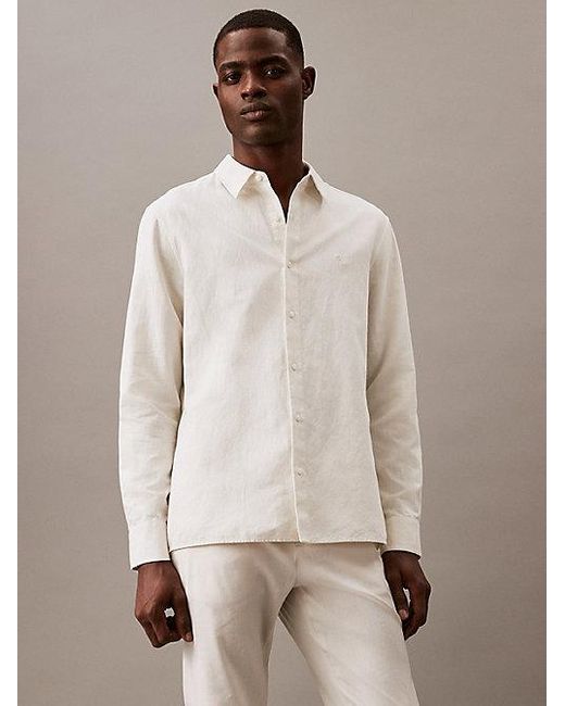 Calvin Klein Button-down Overhemd Van Een Effen Linnenmix Met Klassieke Pasvorm in het Natural voor heren