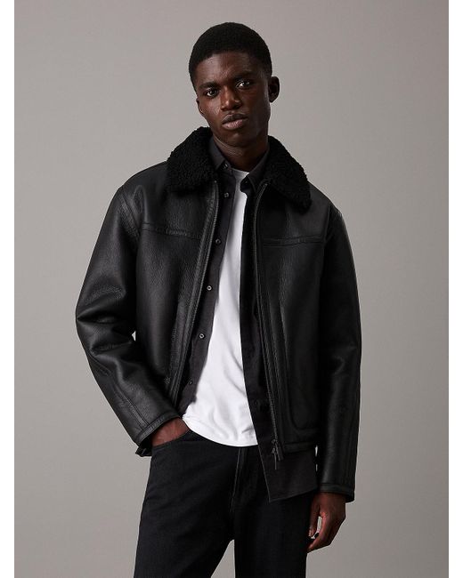 Calvin Klein Black Leather Shearling Aviator Jacket for men