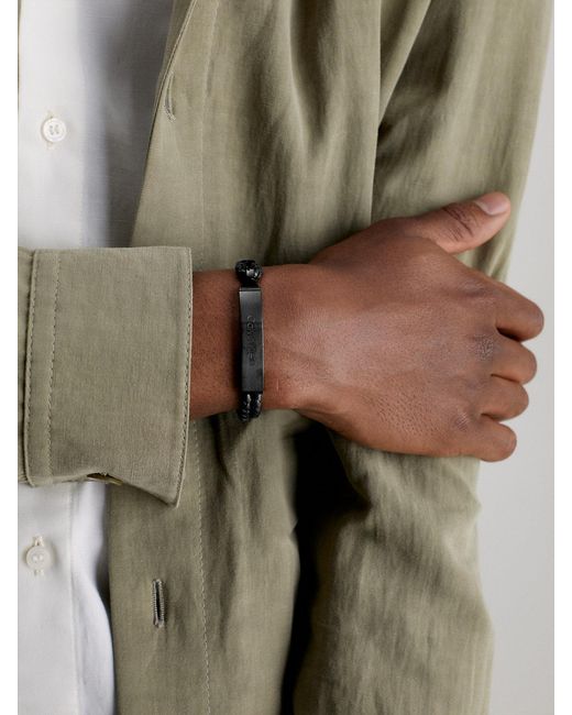 Calvin Klein Black Metal Logo Plaque Leather Bracelet for men