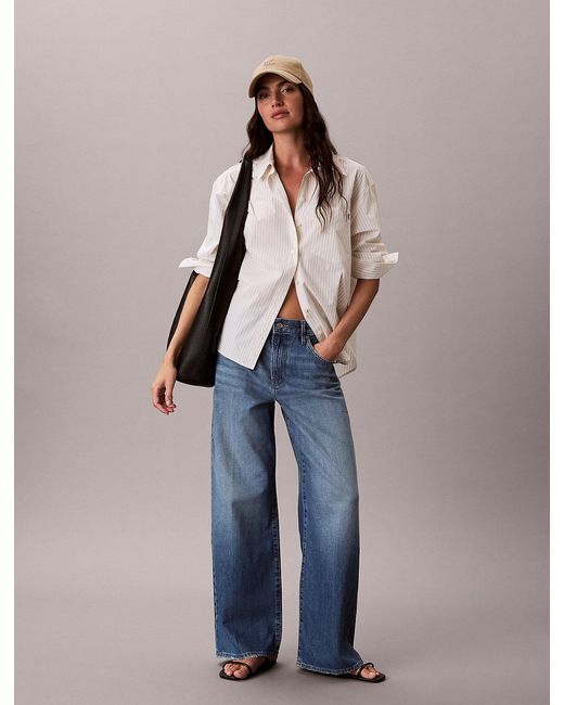 Calvin Klein Blue Cotton Linen Wide Leg Jeans