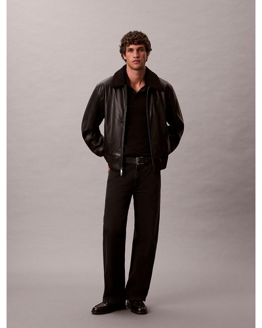 Calvin Klein Black Faux Leather Sherpa Collar Bomber Jacket for men