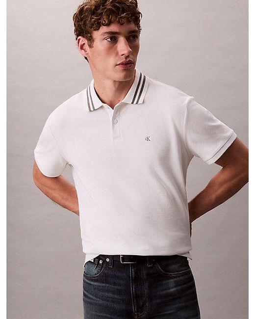 Calvin Klein White Jeans Monogram Pique Tipped Classic Polo Shirt for men