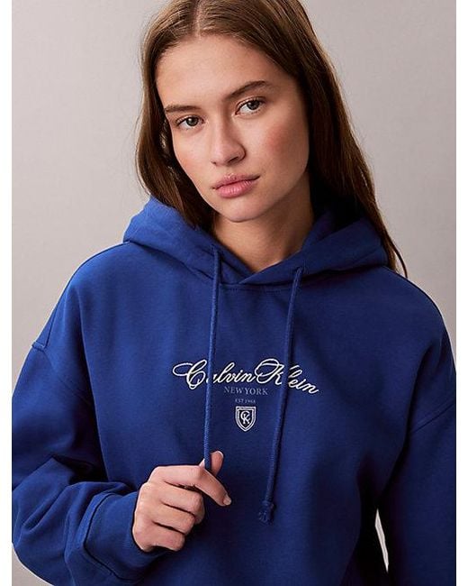 Calvin Klein Blue Jeans Fleece Script Logo Graphic Cropped Hoodie
