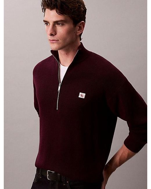 Calvin Klein Red Cotton Waffle Quarter Zip Jumper for men