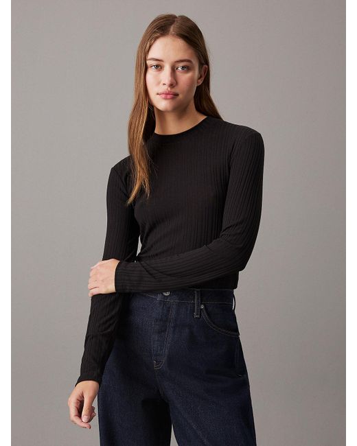 Top A Manica Lunga A Costine Semi-Trasparente di Calvin Klein in Blue