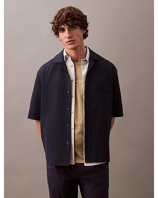 Calvin Klein Seersucker Overhemd Met Korte Mouwen in het Blue voor heren