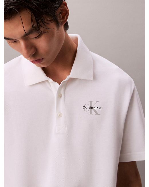 Calvin Klein White Cotton Piqué Monogram Polo Shirt for men