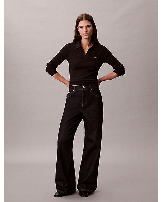 Calvin Klein Black Jeans Woven Monologo Rib Collared Top