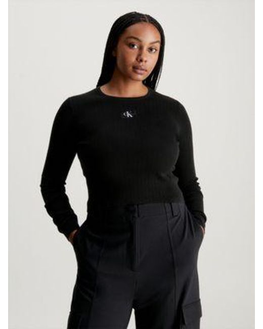 Calvin Klein Black Slim Pullover aus gerippter Baumwolle