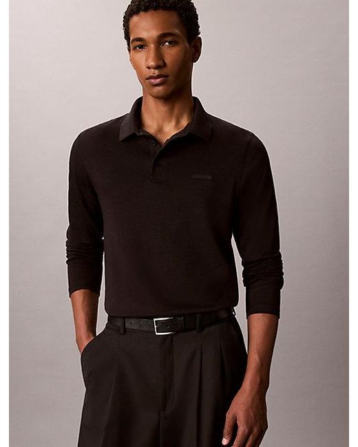 Calvin Klein Black Slim Cotton Long Sleeve Polo Shirt for men