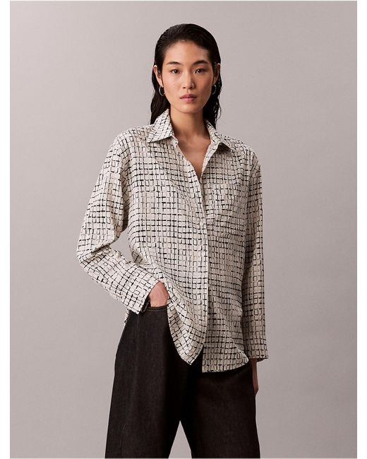 Calvin Klein Natural Printed Tencel Blend Roll Tab Shirt