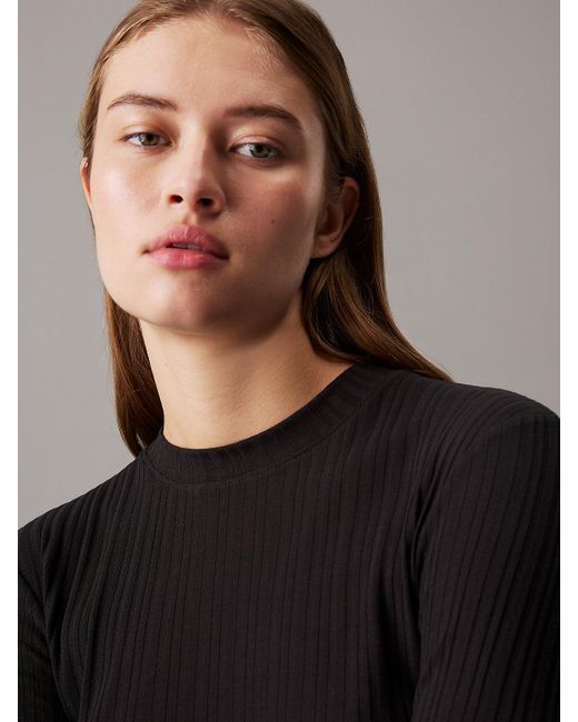 Top A Manica Lunga A Costine Semi-Trasparente di Calvin Klein in Blue