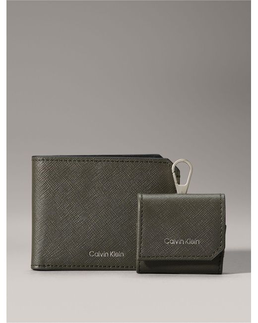 Calvin Klein Gray Refined Saffiano Leather Bifold Wallet + Airpods Case Gift Set for men