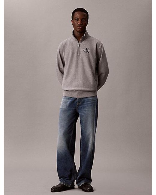 Calvin Klein Gray Premium Terry Quarter Zip Sweatshirt for men