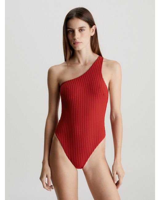 Calvin Klein Red One Shoulder Swimsuit - Archive Rib