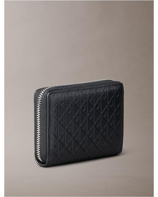 Calvin Klein Gray Embossed Allover Monogram Zip Coin Pouch for men