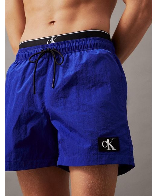 Calvin Klein Blue Double Waistband Swim Shorts - Ck Monogram for men