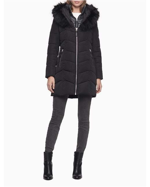 Calvin Klein Heavyweight Zip Faux Fur Hooded Puffer Jacket in Black | Lyst