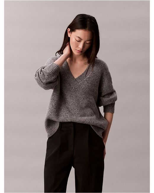 Calvin Klein Gray Chunky Relaxed V Neck Jumper