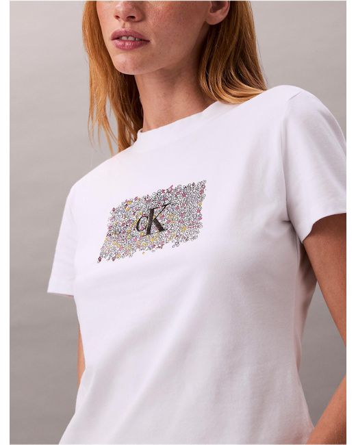 Calvin Klein White Calvin Klein Slim Floral Monogram Logo Tee