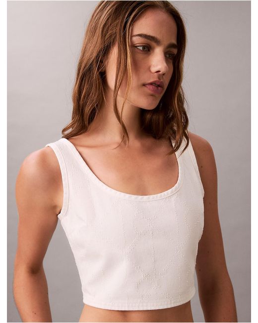 Calvin Klein White Denim Allover Monogram Cropped Tank Top