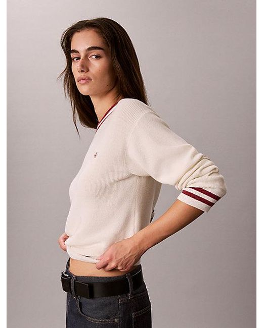 Calvin Klein Natural Jeans Cotton Knit Stripe Trim Jumper