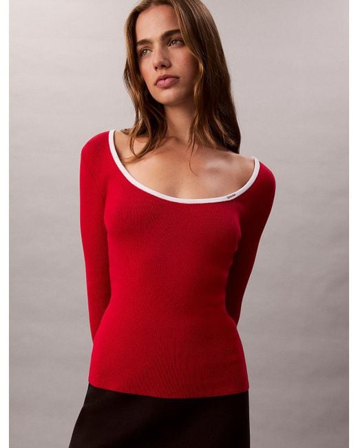 Calvin Klein Red Cotton Blend Classic Scoopneck Jumper