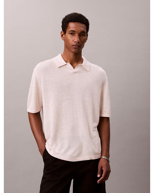 Calvin Klein Pink Linen Blend Open Collar Polo Shirt for men