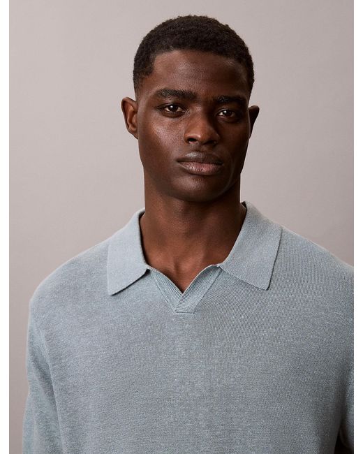 Calvin Klein Gray Linen Blend Open Collar Polo Shirt for men